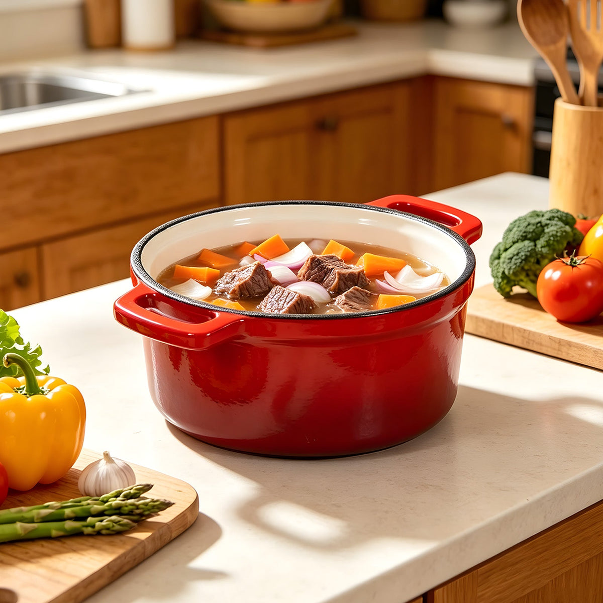 Red enamelled Dutch oven filled with beef and vegetable stew on a kitchen worktop