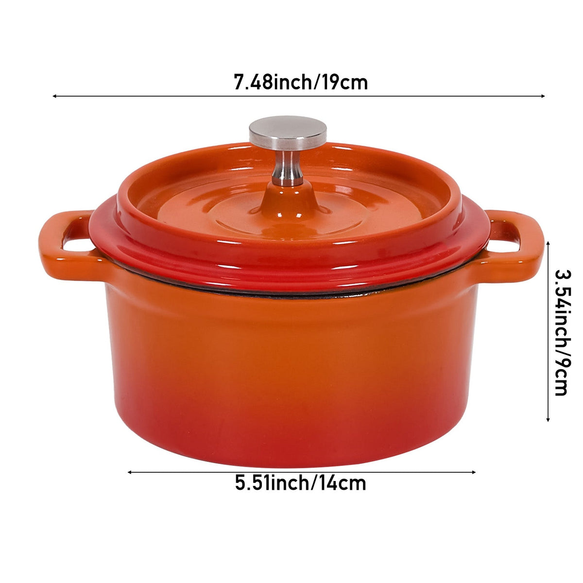Orange 19 cm Dutch oven on white, marked 19 cm across the handles, 14 cm base and 9 cm tall