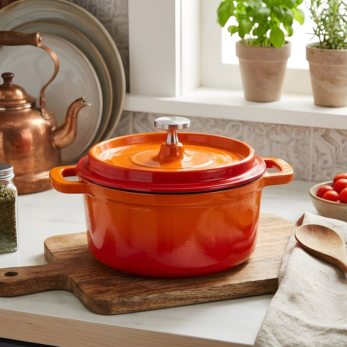 Orange enamelled cast iron Dutch oven with lid on a wooden board by a window