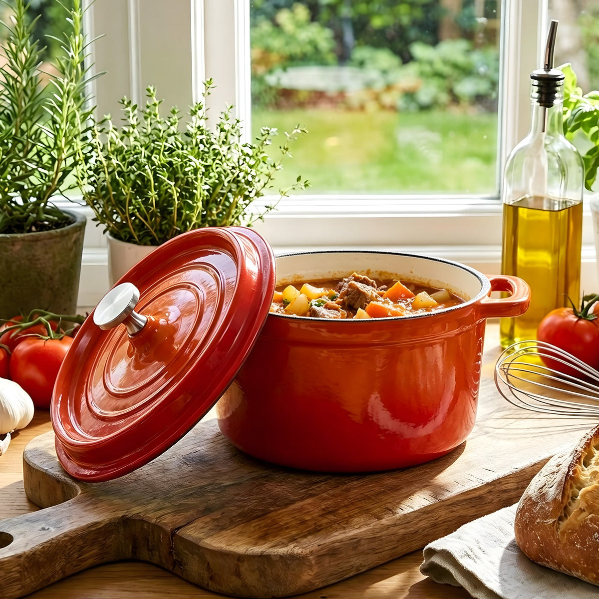 Enamelled Dutch oven of stew with its ringed lid leaning against it on a wooden board