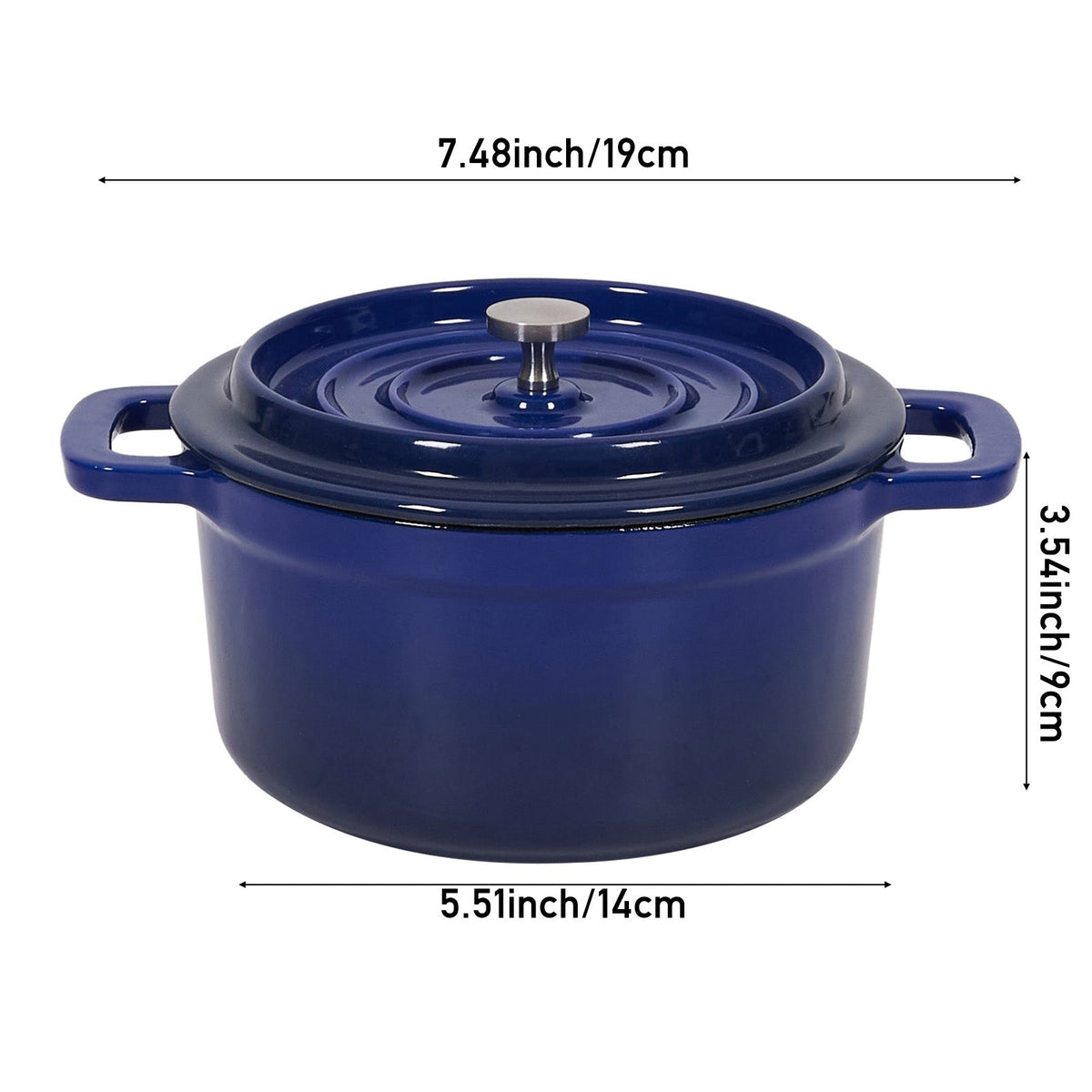 Blue 19 cm Dutch oven on white, marked 19 cm across the handles, 14 cm base and 9 cm tall