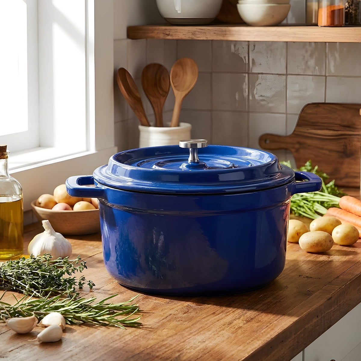 Blue enamelled cast iron Dutch oven with lid on a wooden worktop with garlic and potatoes