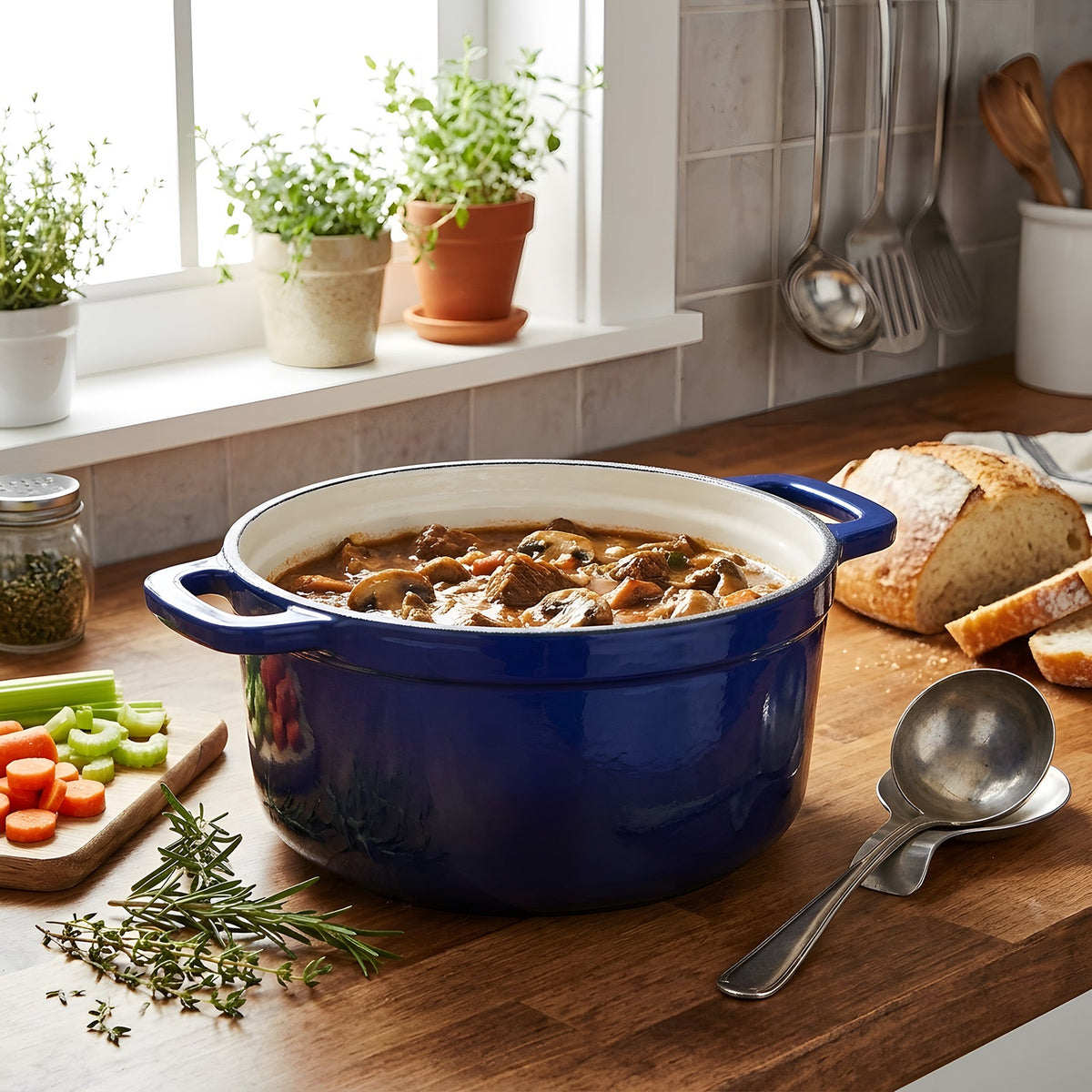 Blue enamelled Dutch oven of mushroom stew beside bread and a ladle