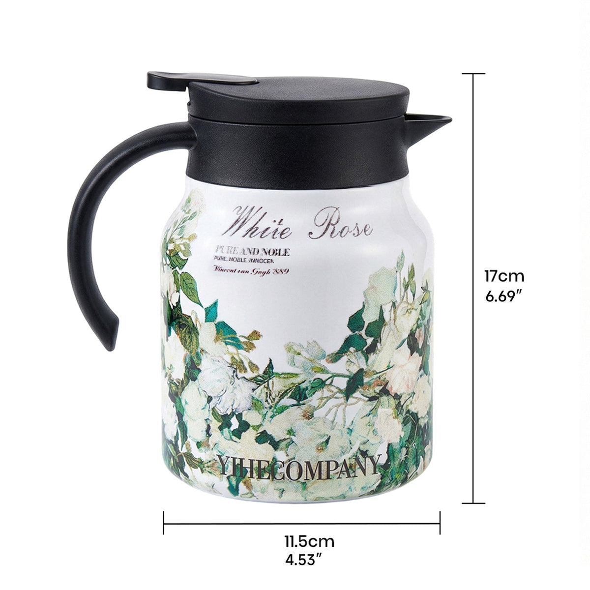 White rose-print thermal teapot on white, marked 17 cm high and 11.5 cm wide