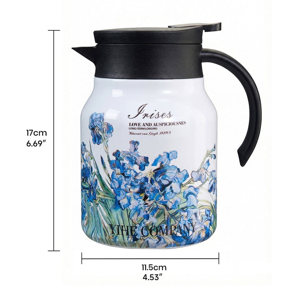 White iris-print thermal teapot on white, marked 17 cm high and 11.5 cm wide