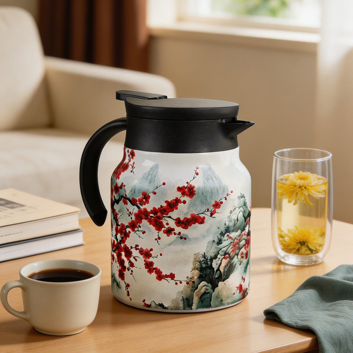 Thermal teapot printed with red plum blossom and misty mountains, next to a glass of flower tea