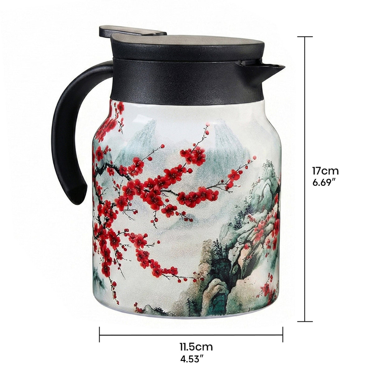 Red plum blossom thermal teapot on white, marked 17 cm high and 11.5 cm wide