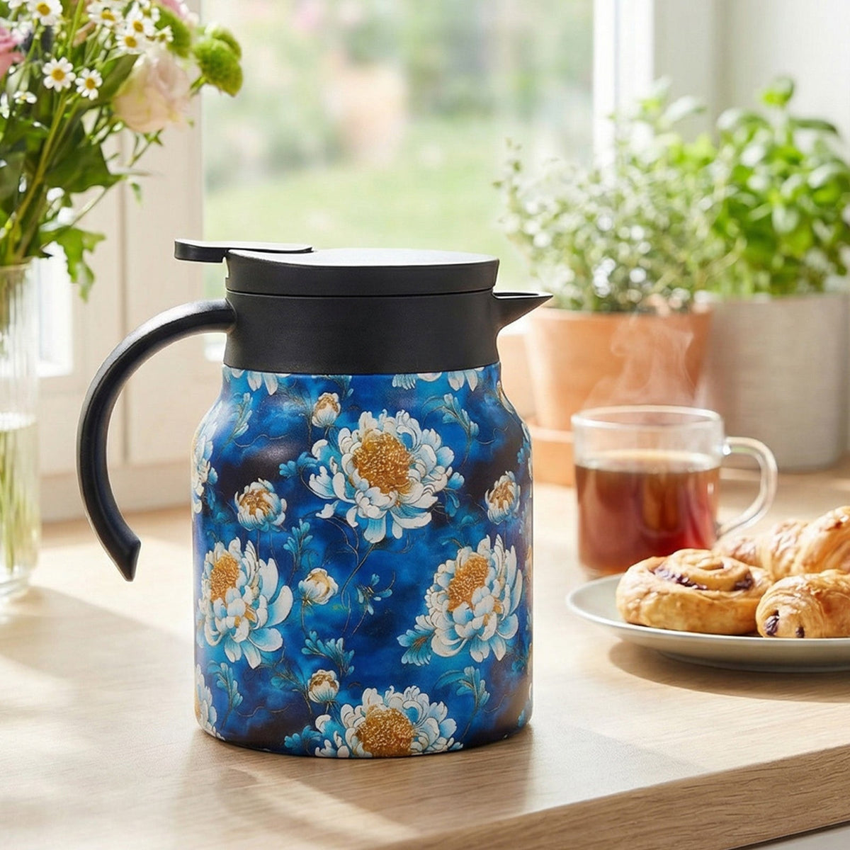 Thermal teapot with a blue and white peony print and black lid on a sunny kitchen table with tea and pastries