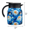 Blue peony thermal teapot on white, marked 17 cm high and 11.5 cm wide