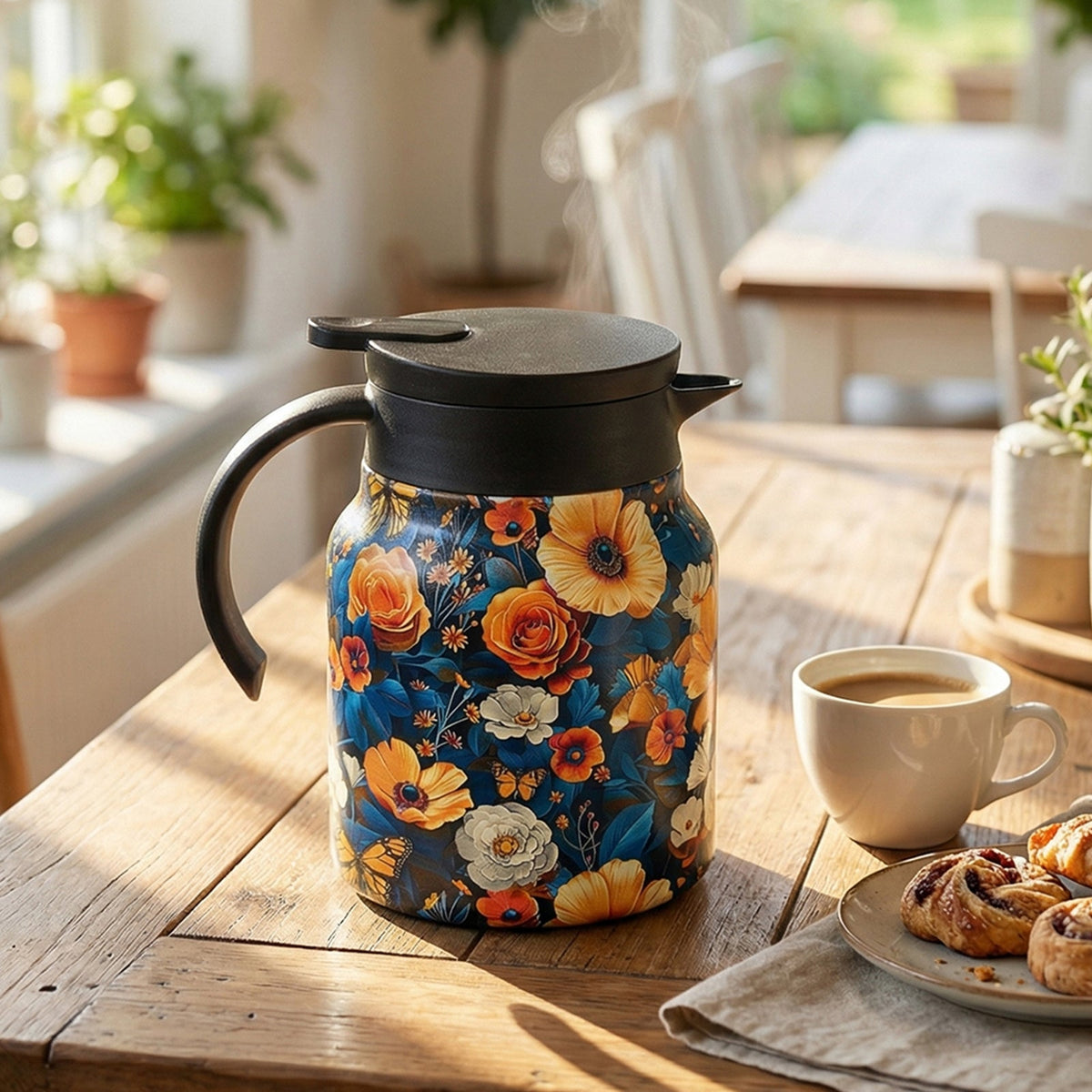 Thermal teapot printed with orange and cream flowers and butterflies on a dark ground, on a wooden table