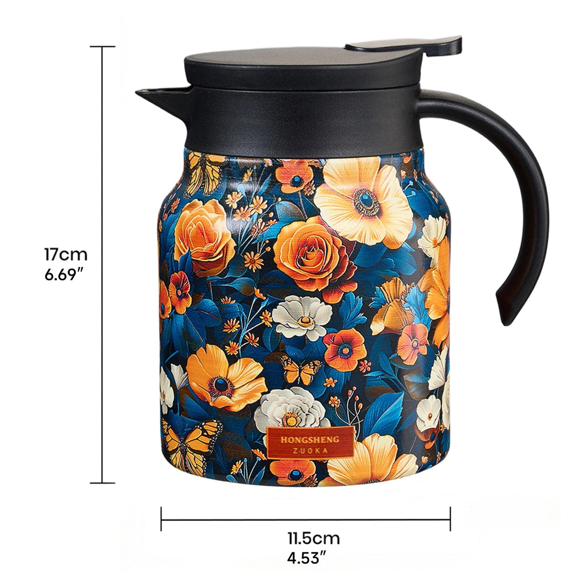 Butterflies and flowers thermal teapot on white, marked 17 cm high and 11.5 cm wide