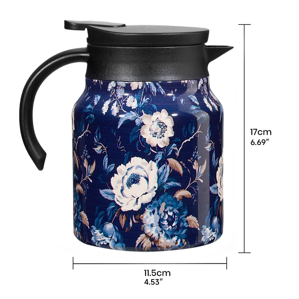 Navy floral thermal teapot on white, marked 17 cm high and 11.5 cm wide