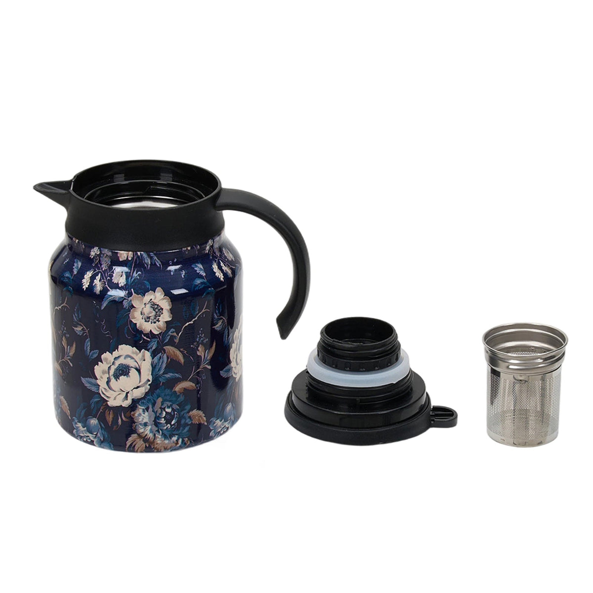 Navy floral thermal teapot shown beside its lid and removable stainless steel infuser on white