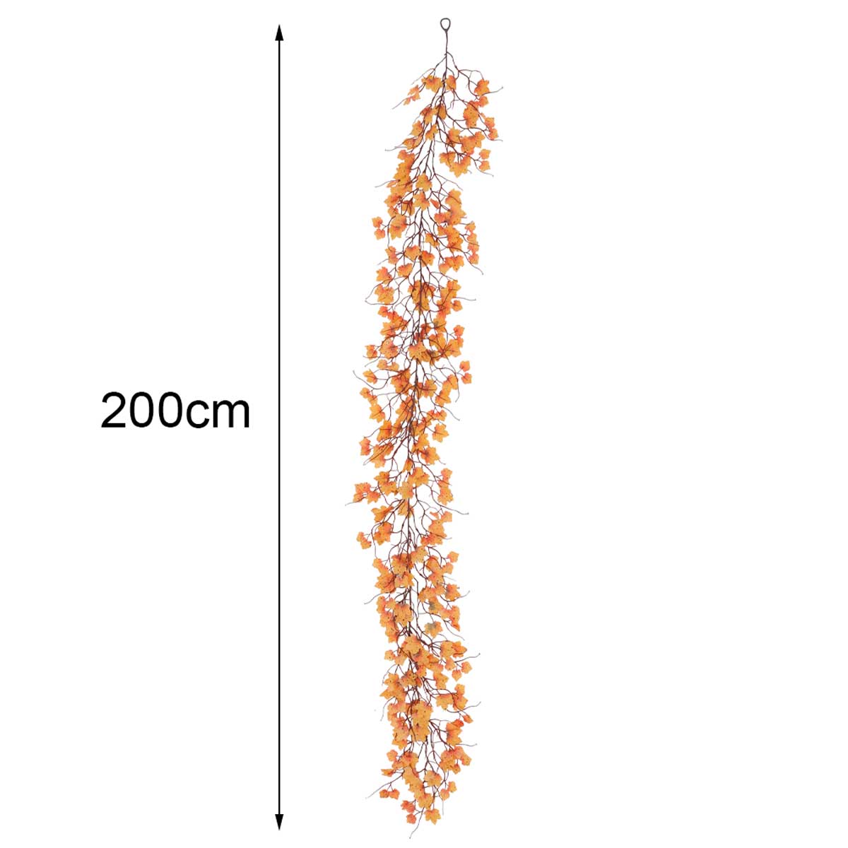 Maple leaf garland hanging straight on white, marked 200 cm long