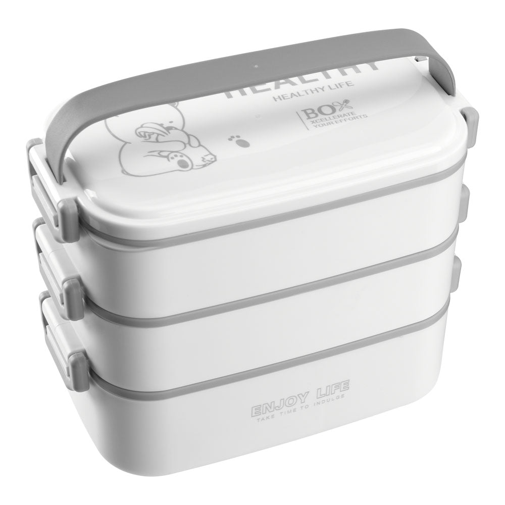 White three-tier lunch box with grey side clips and carry handle, printed lid, on white