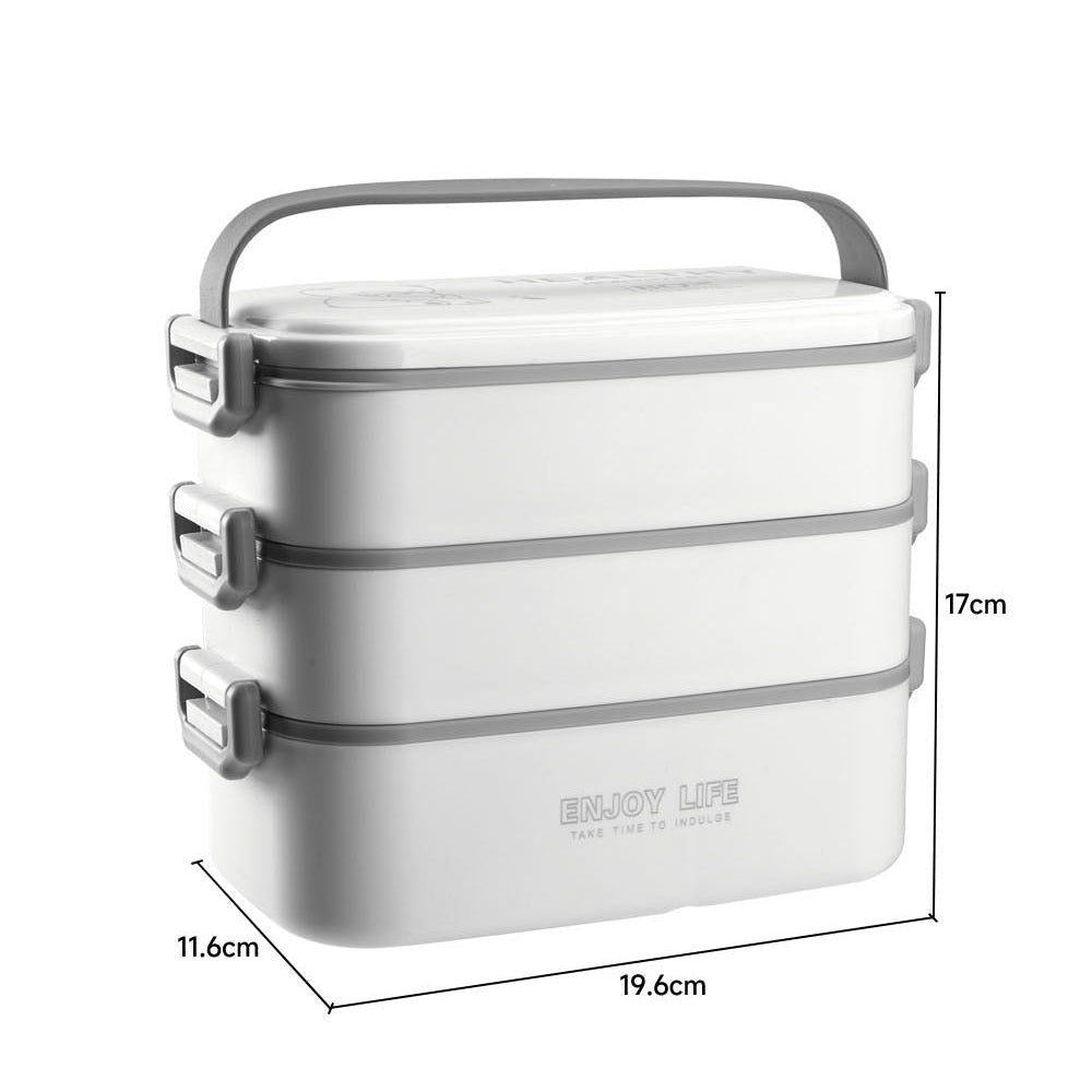 Lunch box on white marked 19.6 cm wide, 11.6 cm deep and 17 cm high