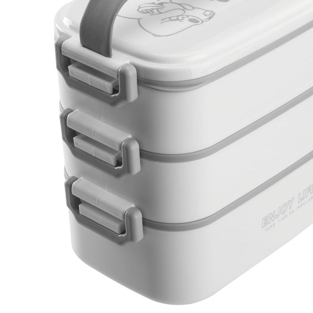 Close-up of the grey side clips on the three stacked tiers