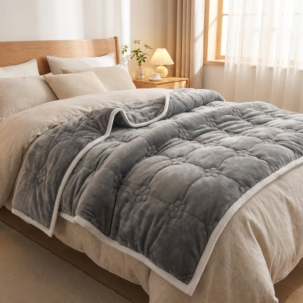 The quilted plush blanket in grey on a bed, shown in a colour this listing does not sell