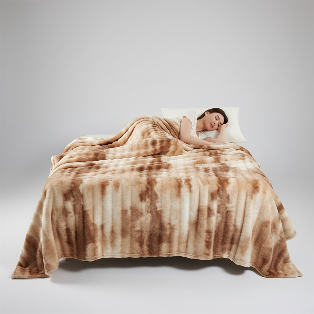 The striped plush blanket covering a bed with a woman resting against the pillows