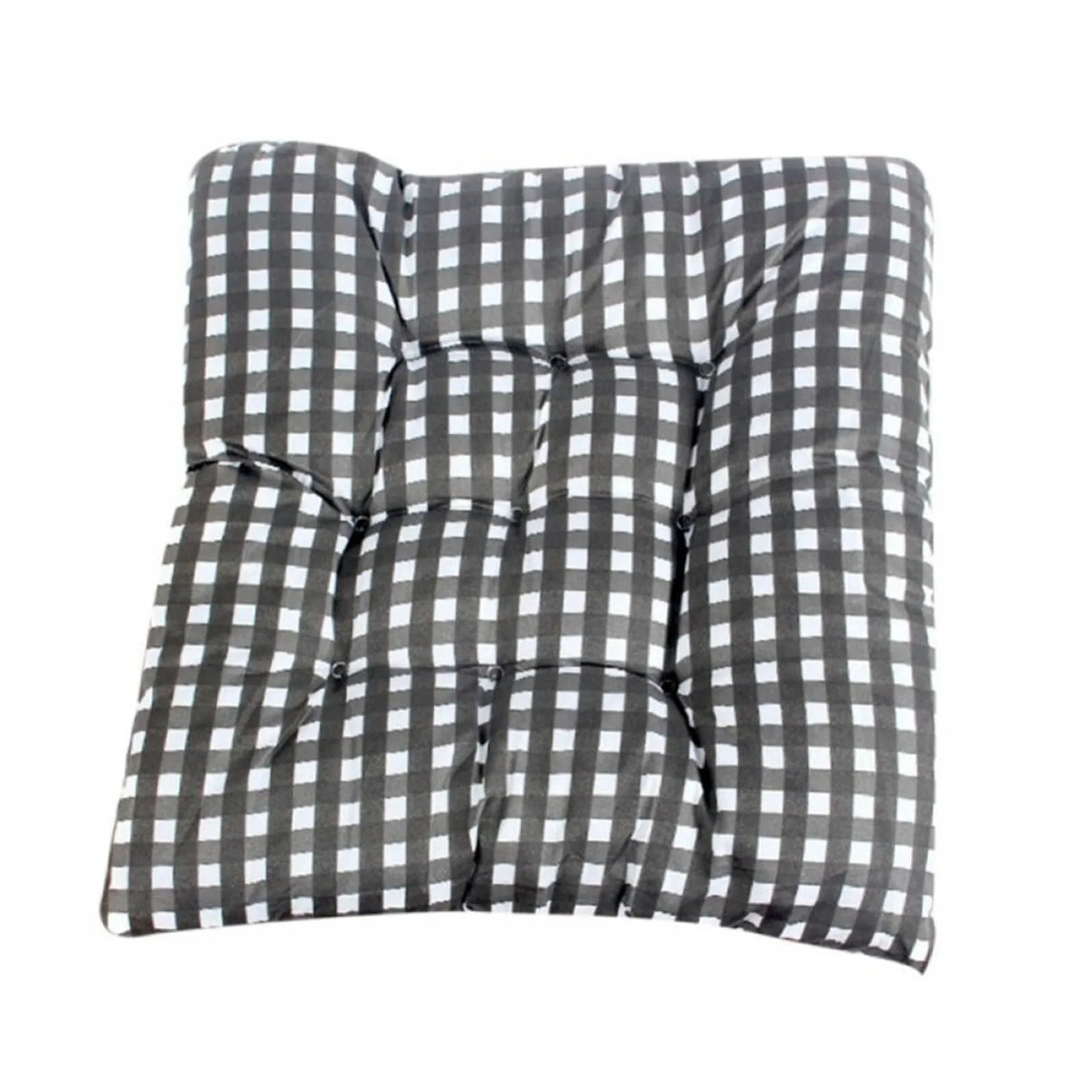 Black and white gingham tufted cushion seen from above