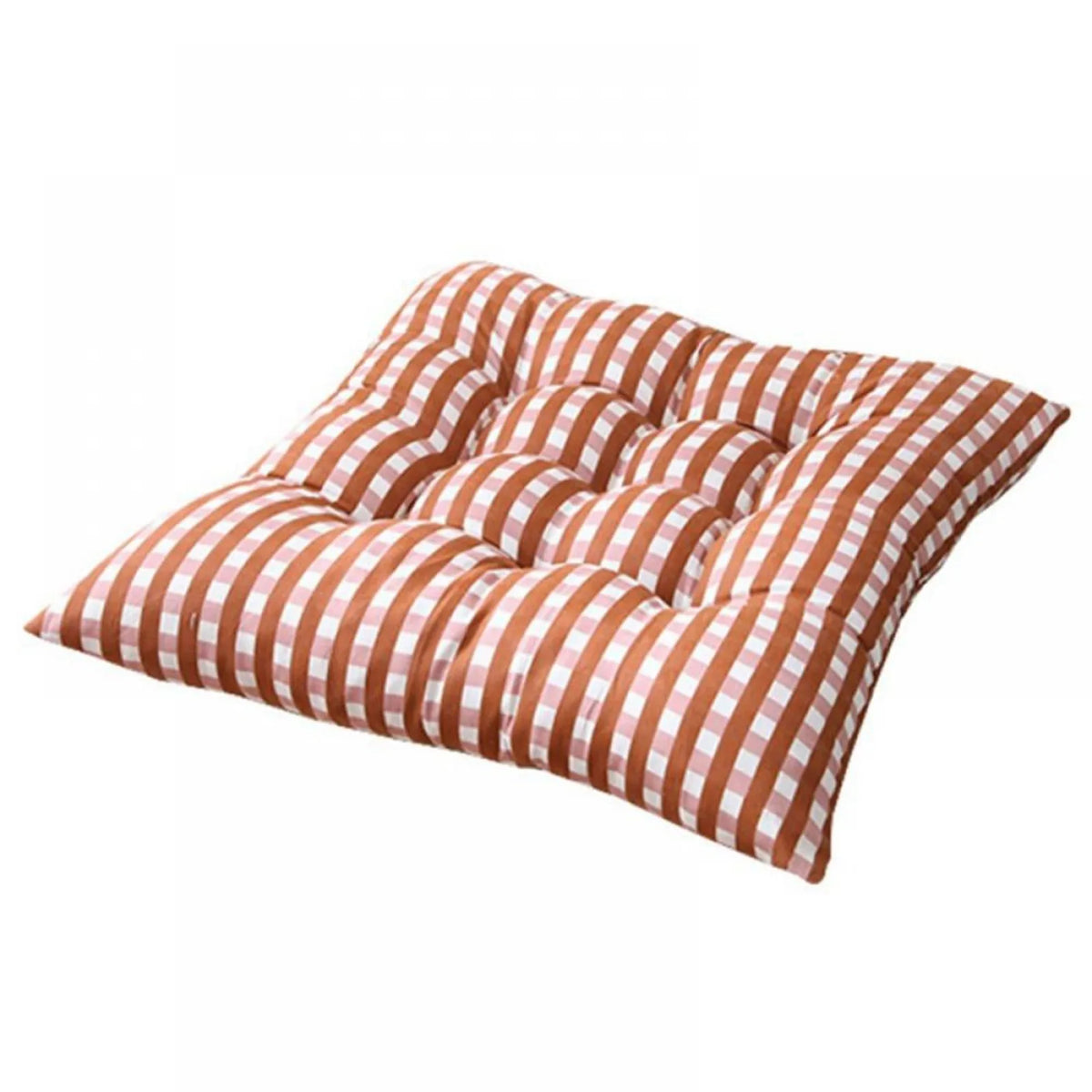 Brown gingham tufted seat cushion on white