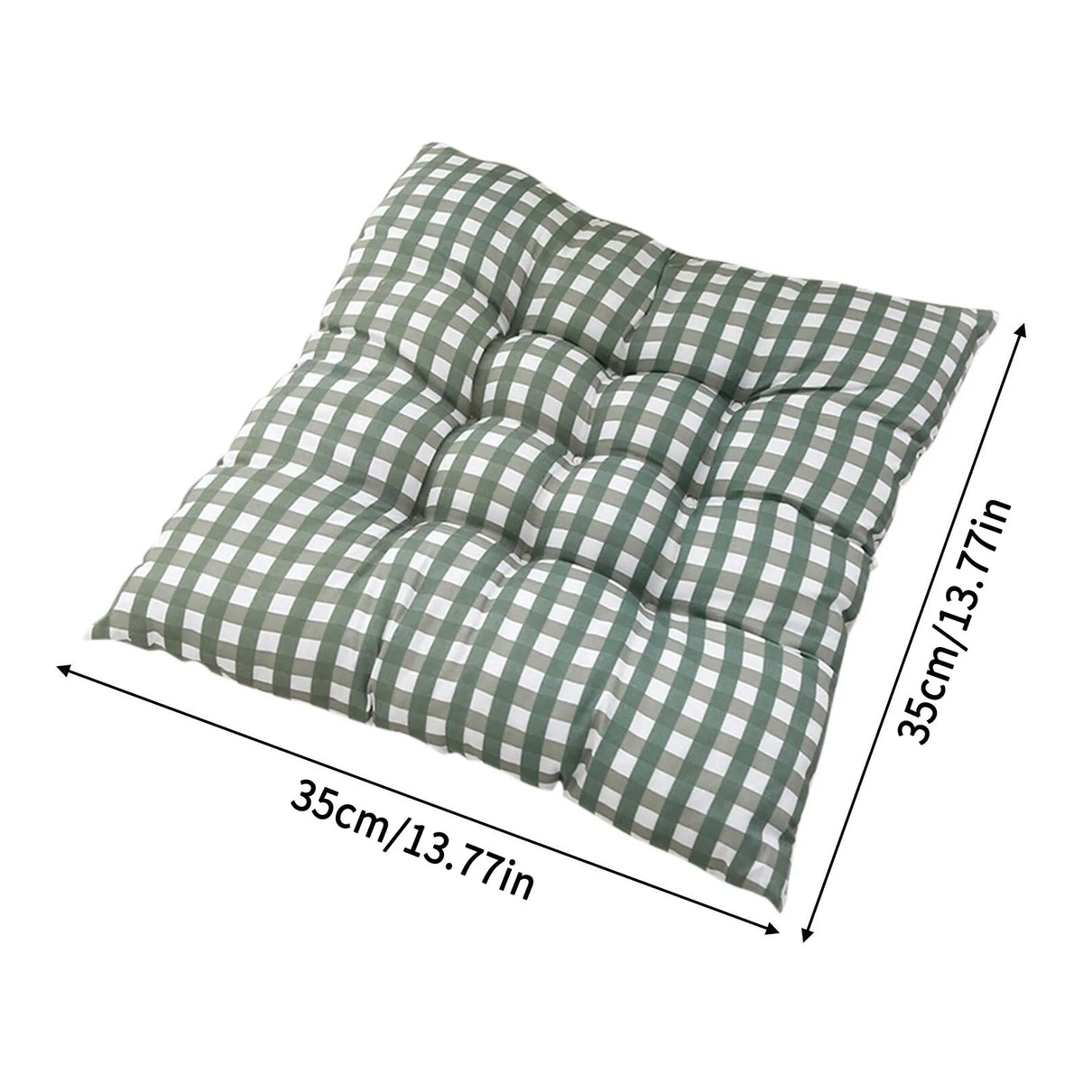 Sage gingham cushion on white with lines marking 35 cm on two sides