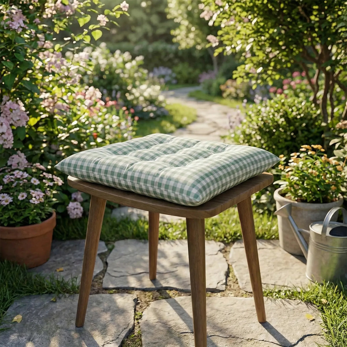 Pale sage gingham seat cushion on a wooden stool on a garden path