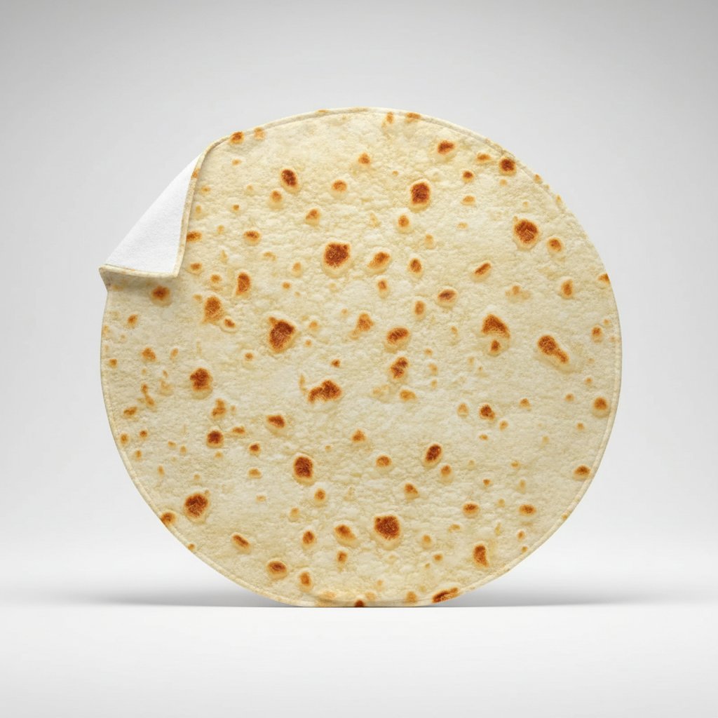 Round beige tortilla-print fleece blanket standing upright, one edge curled to show the plain white reverse