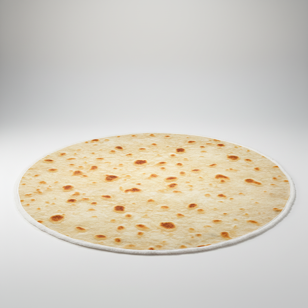 Round tortilla-print fleece blanket lying flat on a grey background