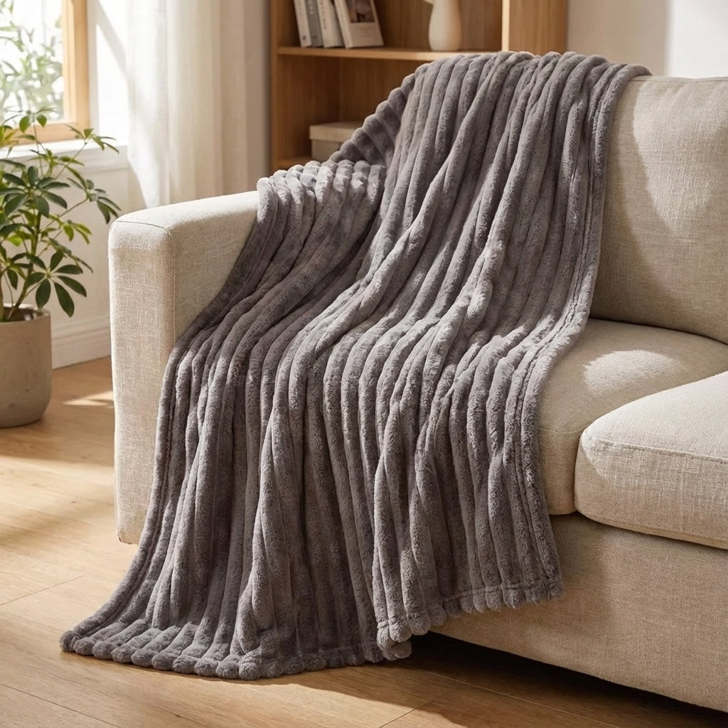 Ribbed plush throw in taupe grey draped over a beige sofa in a living room