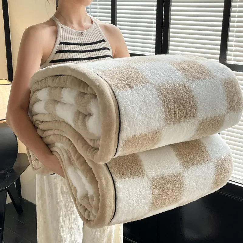 A woman holding the thick rolled khaki checked blanket by a window