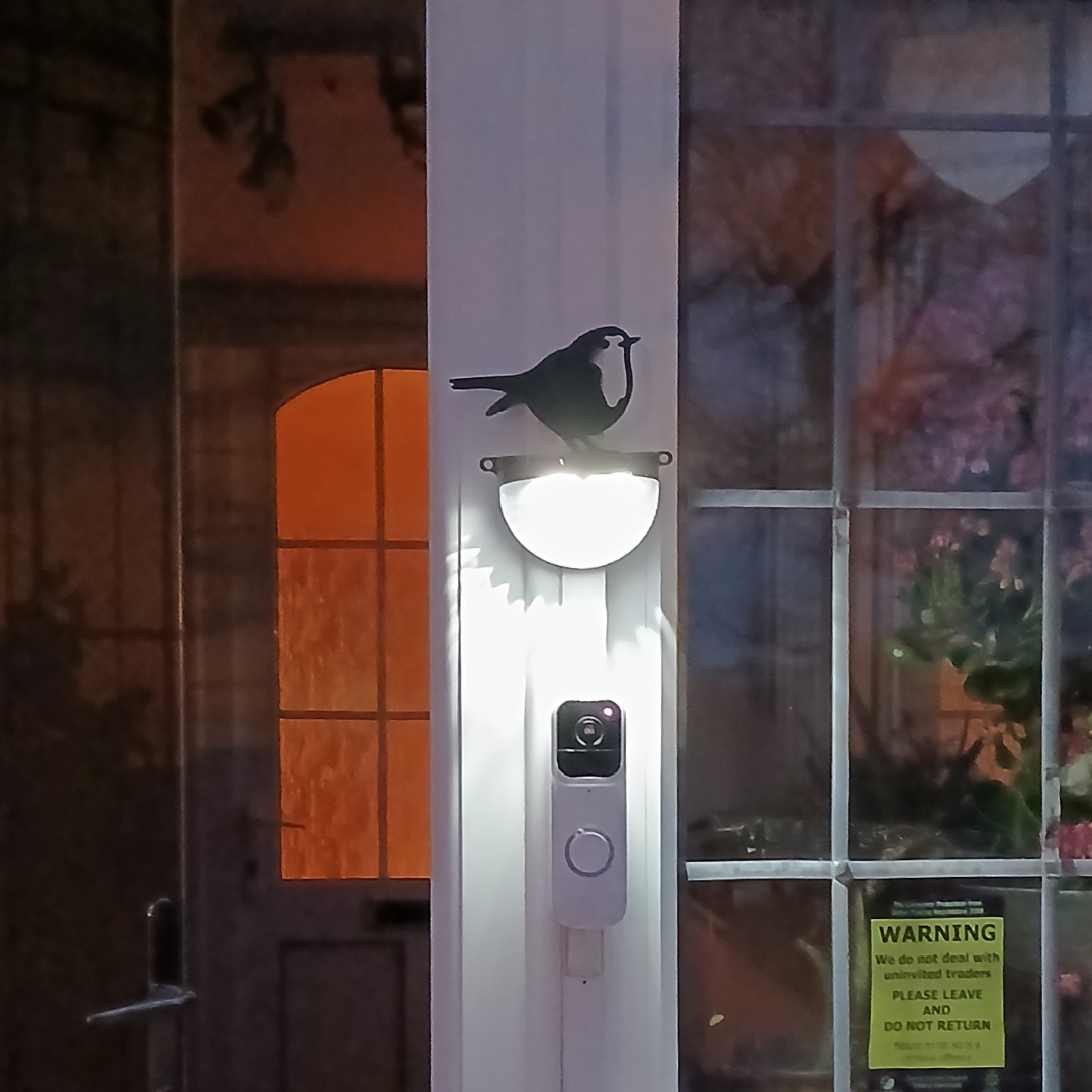 Robin solar light lit beside a front door at night
