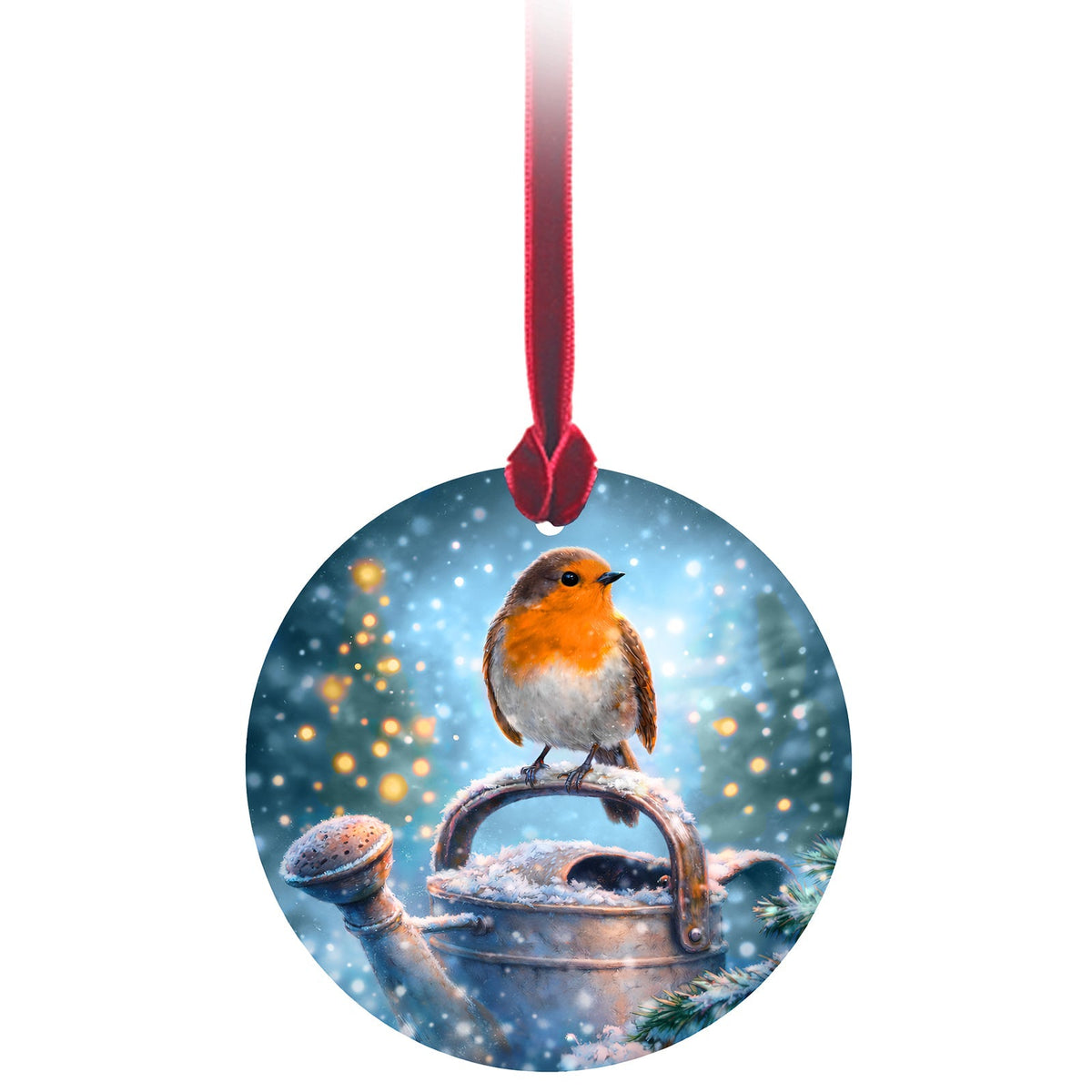 The robin on a watering can glass decoration with its red ribbon on a white background