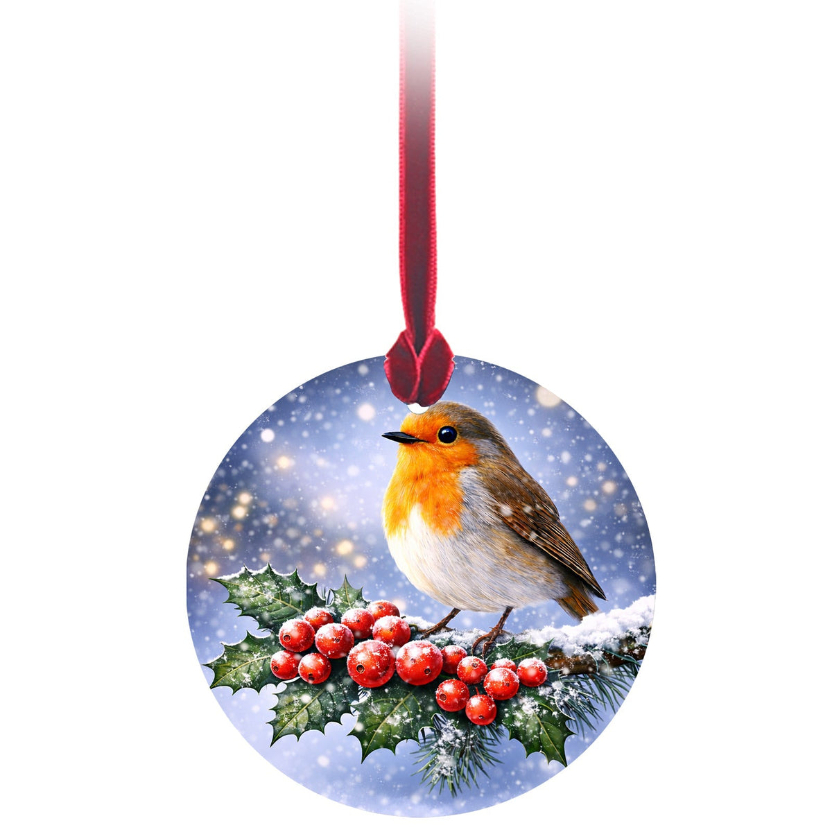The robin on holly glass decoration with its red ribbon on a white background