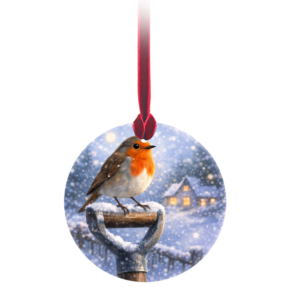 The robin on a spade glass decoration with its red ribbon on a white background