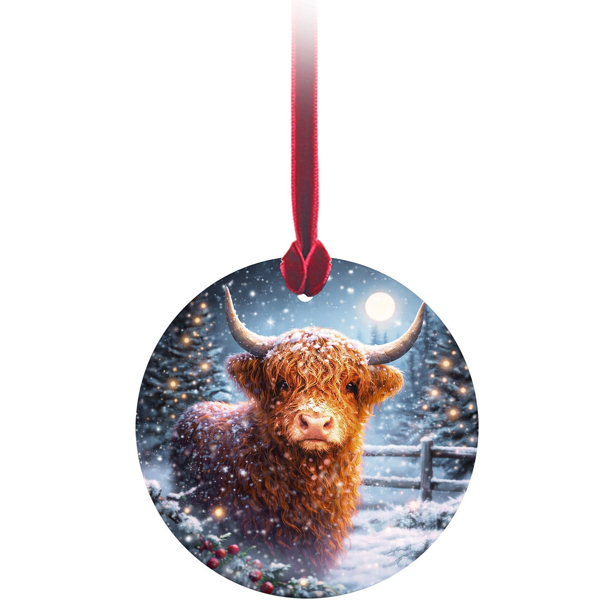 The Highland Cow glass decoration with its red ribbon on a white background