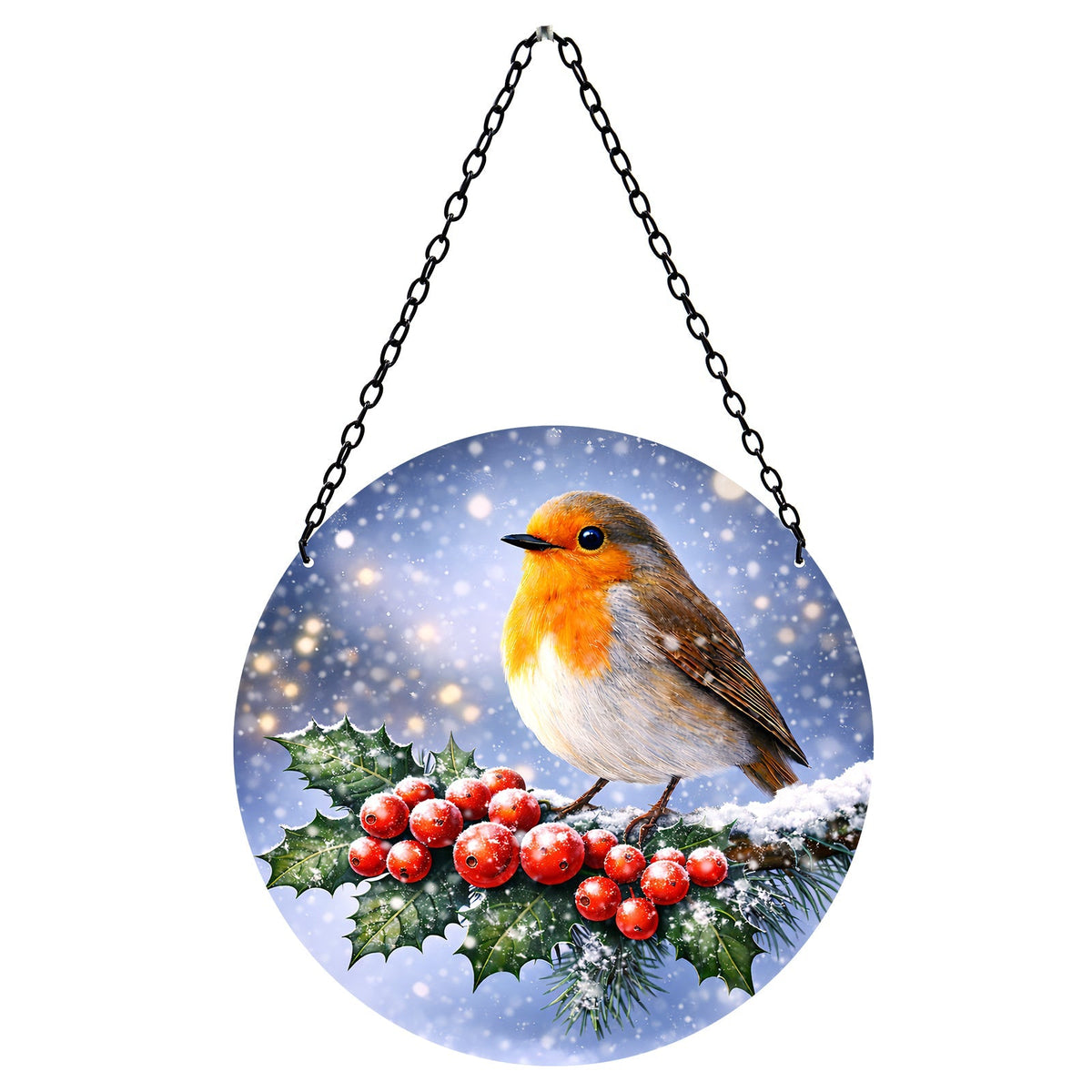 Round glass suncatcher printed with a robin on a holly branch, hanging from a black chain, on white