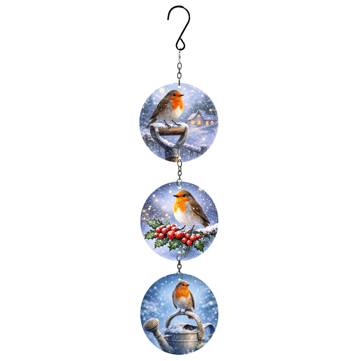 Hanging suncatcher of three round glass discs with winter robin scenes, linked by chain below a hook, on white