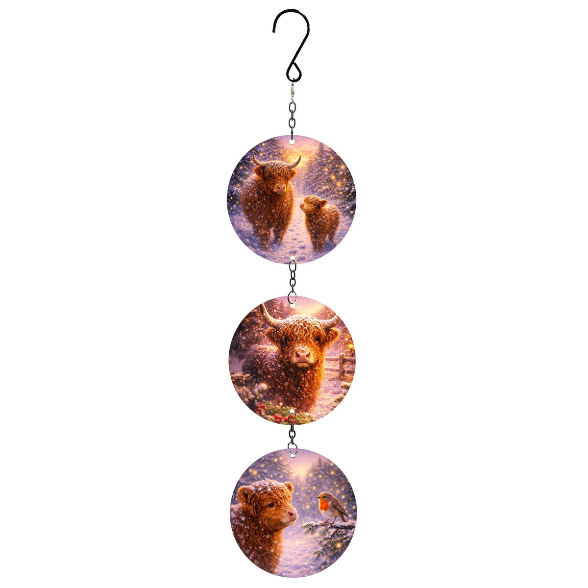 Three linked Highland Cow glass discs with a hook at the top on a white background