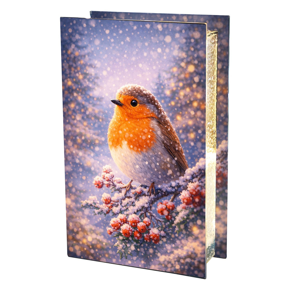 Glass light box printed with a robin on a snowy berry branch, standing on white