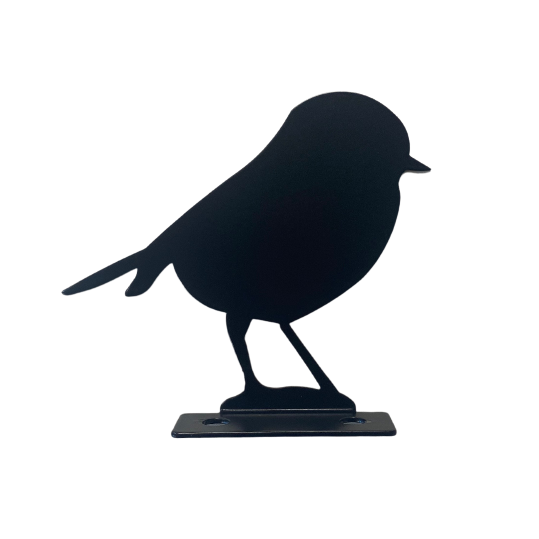 Black steel robin fence topper on white, with its two-hole base plate
