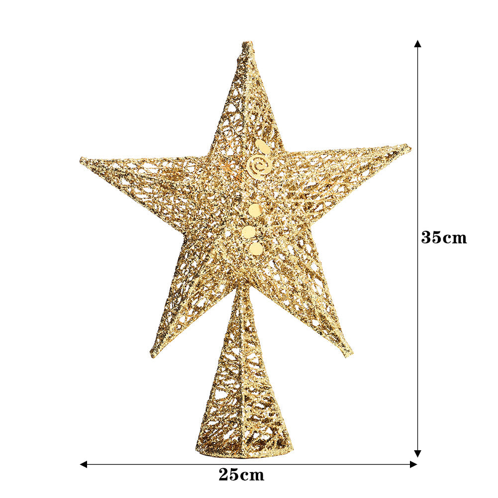 Gold star tree topper on white, marked 25 cm wide and 35 cm high