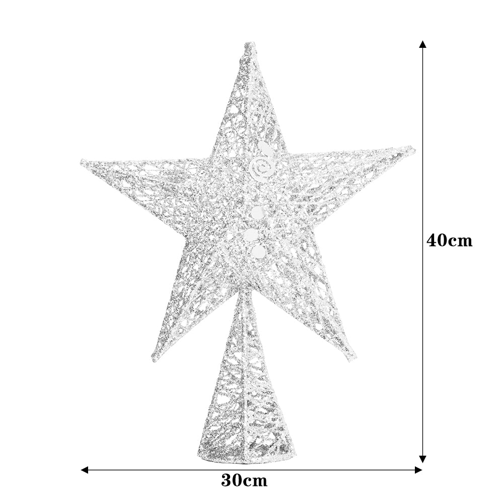 Silver star tree topper on white, marked 30 cm wide and 40 cm high