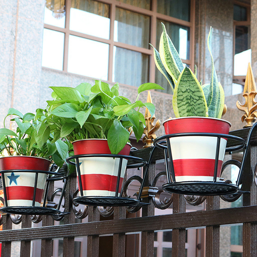 Row of black pot holders with snake plants and pothos on a wrought iron balcony