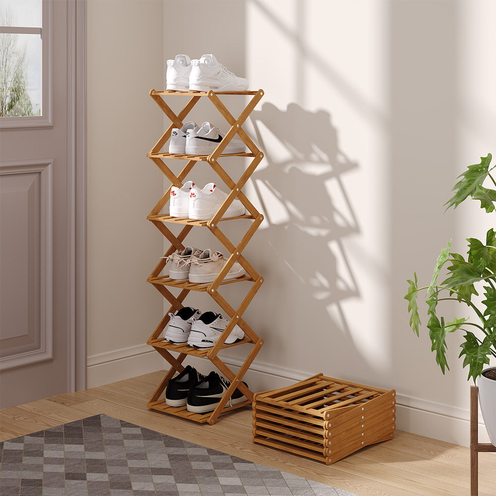 Dark brown six-tier folding shoe rack with shoes in a hallway