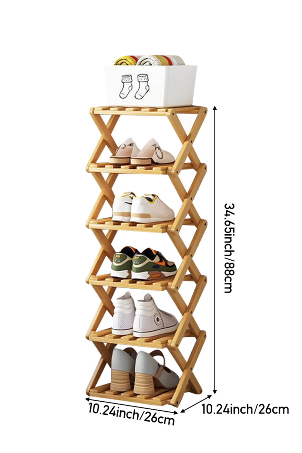 Light bamboo shoe rack on white with its width, depth and height marked