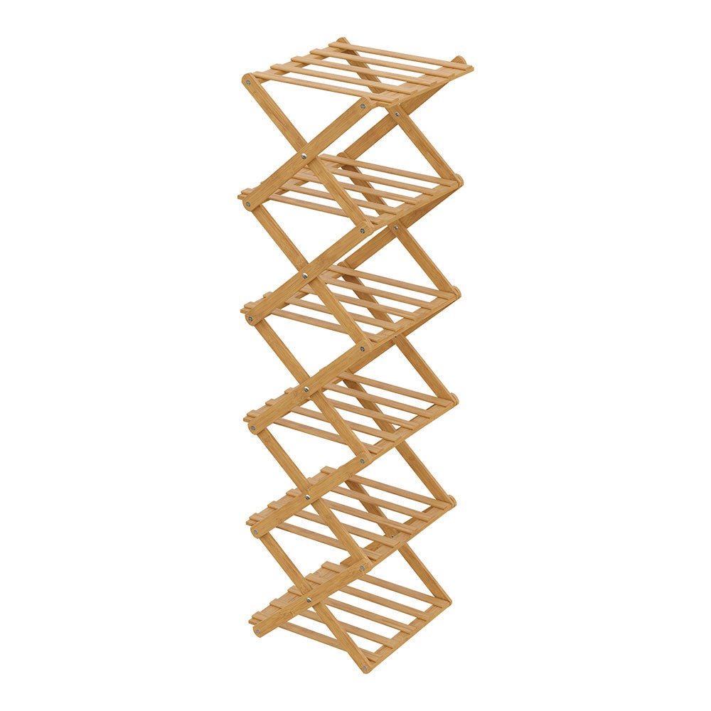 Narrow six-tier folding shoe rack in light bamboo on white