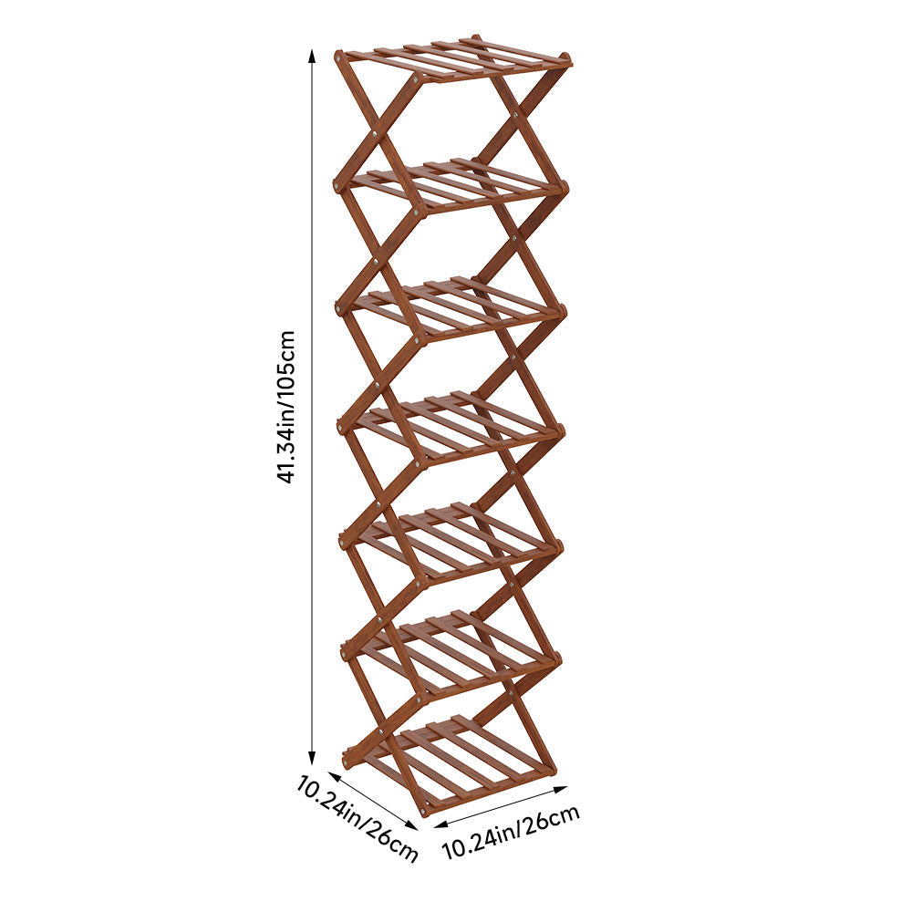 Dark brown shoe rack on white with its height and depth marked