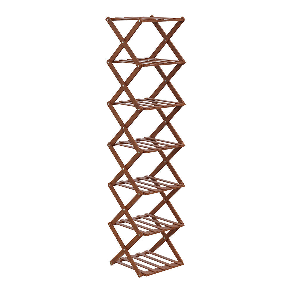 Narrow six-tier folding shoe rack in dark brown bamboo on white