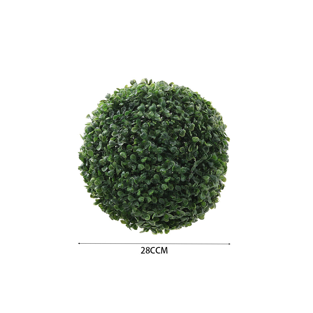 Artificial boxwood ball on white with a line marking its 28 cm width